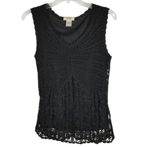Talbots Womens Top Hand Knit Crochet Lace Baby Doll Top Size Small Black Boho